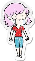 distressed sticker of a crying cartoon elf girl vector