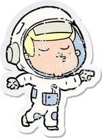 distressed sticker of a cartoon confident astronaut vector