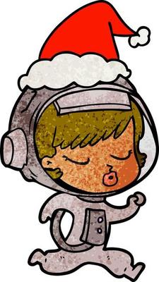 textured cartoon of a pretty astronaut girl running wearing santa hat