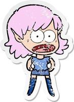 distressed sticker of a cartoon shocked elf girl vector