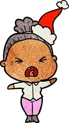 textured cartoon of a angry old woman wearing santa hat