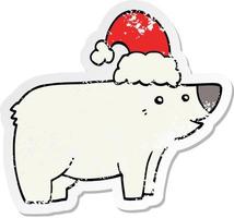 distressed sticker of a cartoon bear wearing christmas hat vector