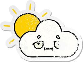 distressed sticker of a cute cartoon sunshine and cloud vector