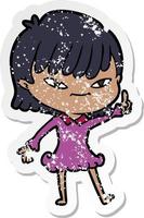 distressed sticker of a cartoon woman with idea vector