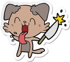 sticker of a cartoon crazy dog with knife vector