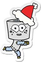 happy sticker cartoon of a robot wearing santa hat vector