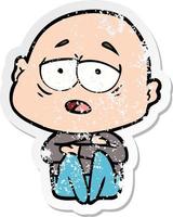 distressed sticker of a cartoon tired bald man vector