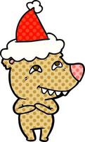 comic book style illustration of a bear showing teeth wearing santa hat vector