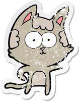 distressed sticker of a happy cartoon cat pointing vector