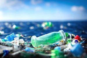 Problem plastic bottles and microplastics floating in the ocean. photo