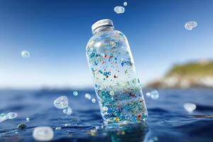 Problem plastic bottles and microplastics floating in the ocean. photo