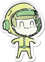 distressed sticker of a happy cartoon astronaut vector