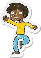 retro distressed sticker of a cartoon excited boy dancing vector