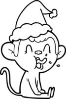 crazy line drawing of a monkey sitting wearing santa hat vector