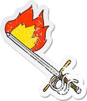 retro distressed sticker of a cartoon flaming sword vector