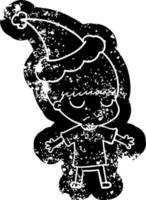 cartoon distressed icon of a calm boy wearing santa hat vector
