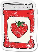 retro distressed sticker of a cartoon strawberry jam jar vector