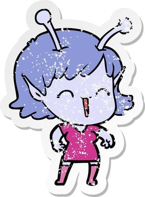 distressed sticker of a cartoon alien girl laughing