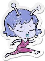 distressed sticker of a cute alien girl cartoon vector