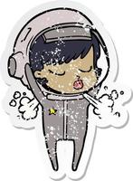 distressed sticker of a cartoon pretty astronaut girl taking off helmet vector