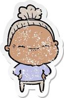 distressed sticker of a cartoon peaceful old woman vector