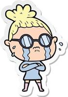 sticker of a cartoon crying woman wearing spectacles vector