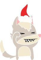 tired wolf flat color illustration of a wearing santa hat vector