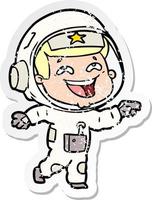 pegatina angustiada de un astronauta riéndose de dibujos animados vector