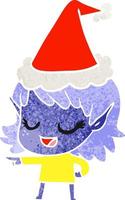 happy retro cartoon of a elf girl pointing wearing santa hat vector