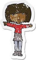 retro distressed sticker of a cartoon girl pointing vector