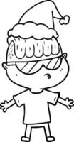 line drawing of a boy wearing sunglasses wearing santa hat vector