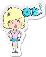 retro distressed sticker of a cartoon woman thinking OK vector