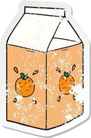 pegatina angustiada de un cartón de jugo de naranja de dibujos animados vector