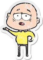 distressed sticker of a cartoon tired bald man vector