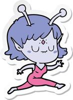 pegatina de una chica alienígena de dibujos animados saltando vector