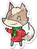 distressed sticker of a friendly cartoon wolf in winter clothes vector