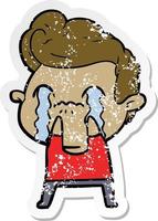 distressed sticker of a cartoon man crying vector