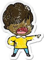 distressed sticker of a cartoon woman talking vector