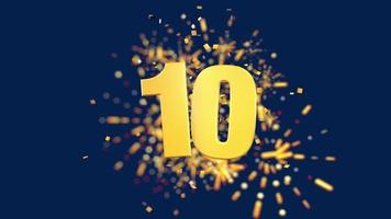 Gold number 10 in the foreground with gold confetti falling and fireworks behind out of focus against a dark blue background. 3D Animation video