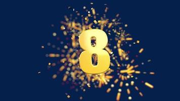 Gold number 8 in the foreground with gold confetti falling and fireworks behind out of focus against a dark blue background. 3D Animation video