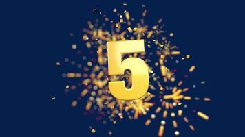 Gold number 5 in the foreground with gold confetti falling and fireworks behind out of focus against a dark blue background. 3D Animation video