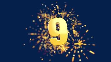 Gold number 9 in the foreground with gold confetti falling and fireworks behind out of focus against a dark blue background. 3D Animation video