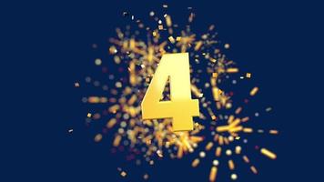 Gold number 4 in the foreground with gold confetti falling and fireworks behind out of focus against a dark blue background. 3D Animation video