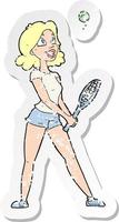 pegatina retro angustiada de una mujer de dibujos animados jugando al tenis vector