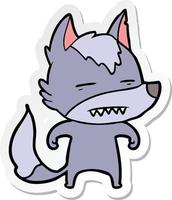 sticker of a cartoon wolf showing teeth vector