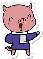 sticker of a happy cartoon pig in winter clothes vector