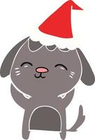 happy flat color illustration of a dog wearing santa hat vector