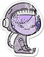 distressed sticker of a cartoon astronaut woman vector