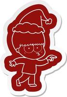 nervous cartoon  sticker of a boy wearing santa hat vector
