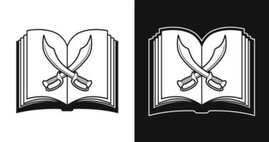 2 crossed swords on open book background, vector line art illustration